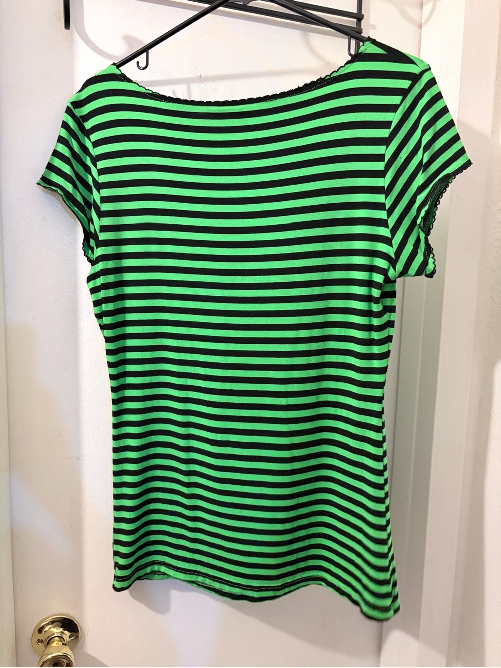 Sourpuss- size XXL- well loved slime green/black striped top w/bow. GUC - Picture 5 of 5